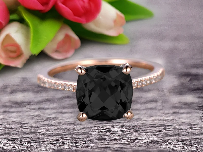 solitaire engagement rings for women -Cushion Cut 1.50 Carat Black Diamond Moissanite Engagement Ring Anniversary Gift 10k Rose Gold Curved Basket Under