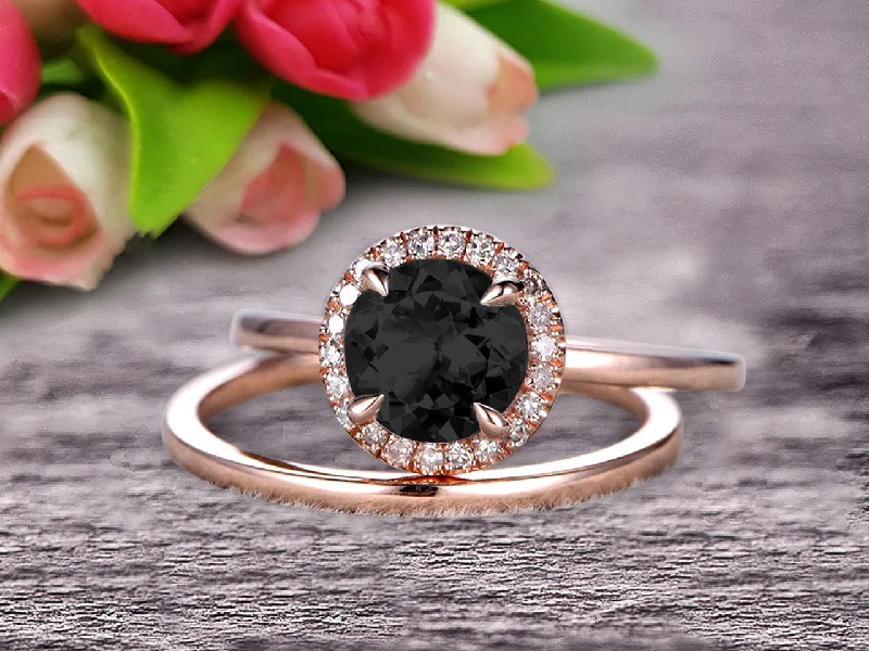 women’s diamond solitaire engagement rings -1.25 Carat Round Cut Black Diamond Moissanite Engagement Ring with Plain Matching Band On 10k Rose Gold