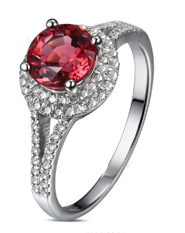 halo engagement rings for women -1 Carat Round cut Red Ruby and Moissanite Diamond Halo Engagement Ring in White Gold for Women