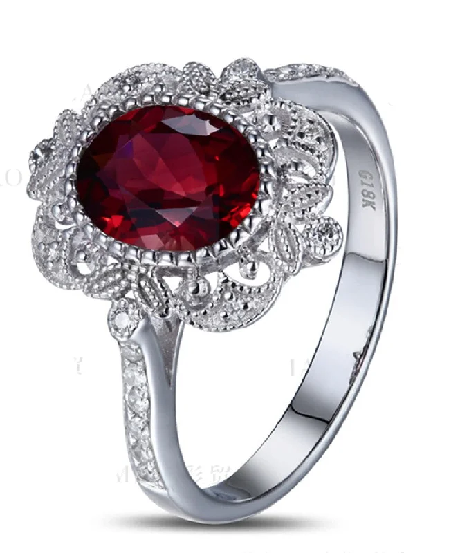 simple engagement rings for women -Vintage 1.50 Carat Ruby and Moissanite Diamond Engagement Ring in White Gold for Women