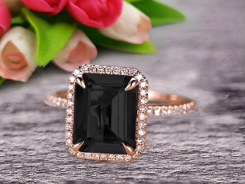 classic engagement rings for women -Flaming Emerald Cut 1.50 Carat Black Diamond Moissanite Engagement Ring Wedding Ring Solid 10k Rose Gold Promise Ring Custom Made Sparkling Jewelry Halo Art Deco