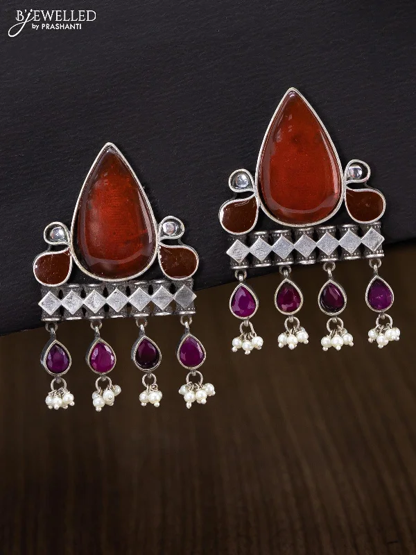 diamond earrings for women -Oxidised earring with maroon stone and pearl hangings