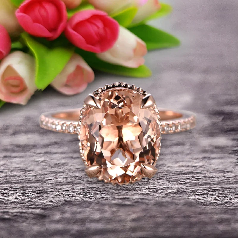 halo diamond engagement rings -1.50 Carat Oval Cut Morganite Engagement Ring Wedding Ring Anniversary Gift On 10k Rose Gold Filigree Retro Vintage Floral Set