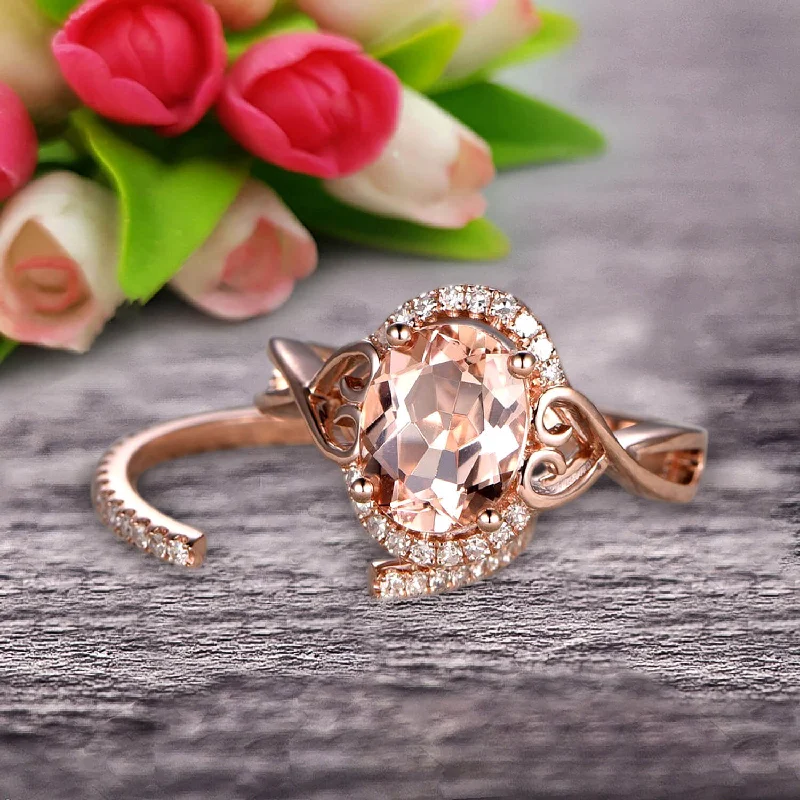 engagement rings with sapphires -Art Deco 1.50 Carat Oval Cut Morganite Engagement Ring Wedding Set On 10k Rose Gold Shining Startling Ring Anniversary Gift