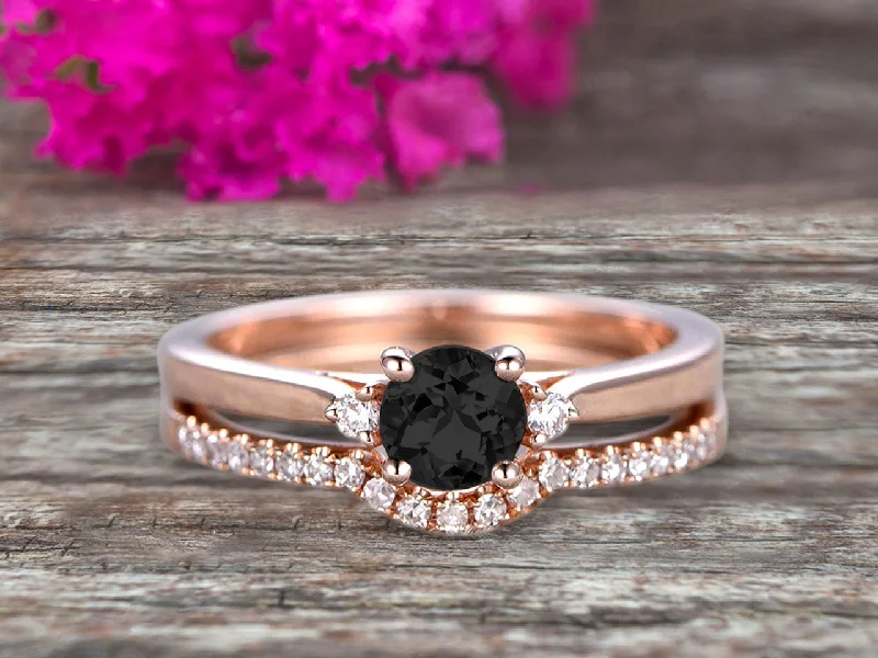 vintage style engagement rings -Startling 1.50 Carat Black Diamond Moissanite Round Cut  10k Rose Gold Engagement Ring Anniversary Gift Wedding Set Curved Eternity Ring