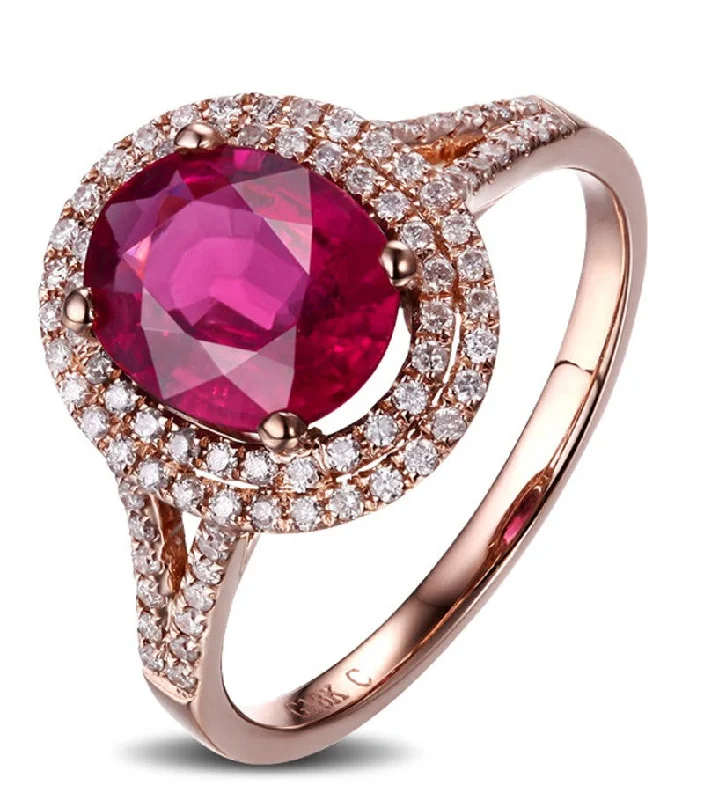 designer engagement rings -2 Carat Ruby and Moissanite Diamond Halo Engagement Ring in Rose Gold for Women