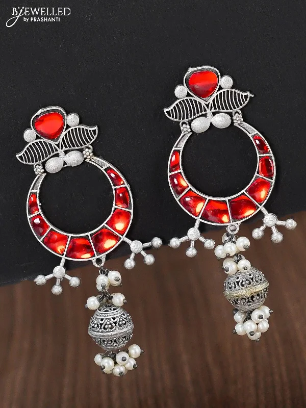 personalized earrings for women -Oxidised chandbali earring with red stone and pearl hangings