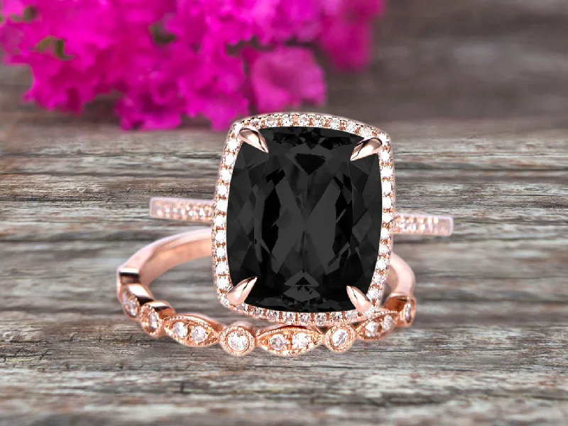 gemstone engagement rings for women -Milgrain 1.75 Carat Wedding Ring Set Big Cushion Cut Black Diamond Moissanite Engagement Ring Black Diamond Moissanite Art Deco Matching Wedding Band On 14K Rose Gold Surprisingly Ring