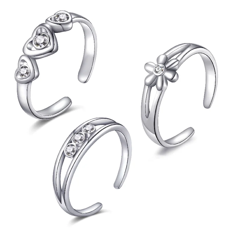 classic solitaire rings -Set of Three Silver Plated Adjustable Toe Rings Created with Zircondia® Crystals