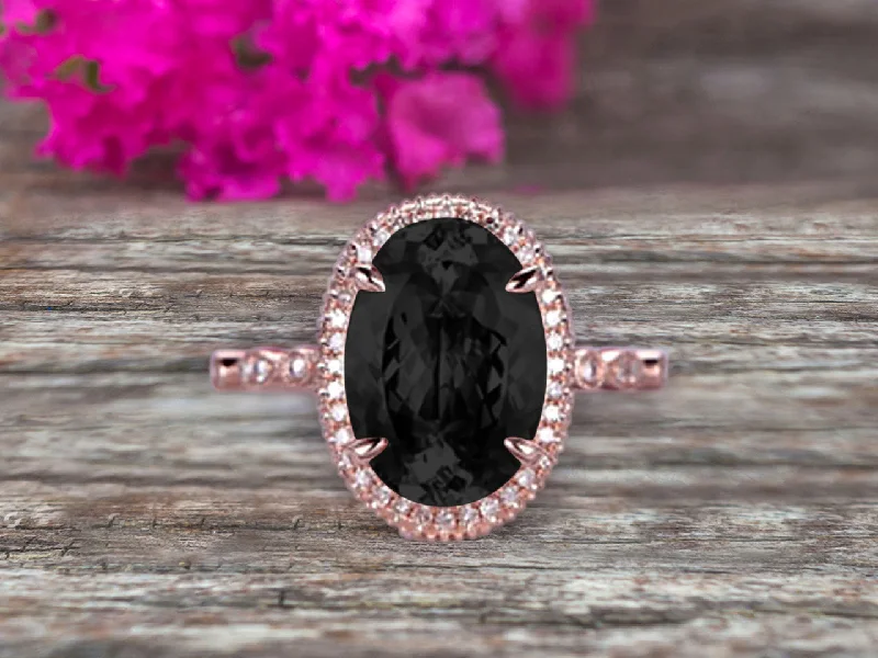 engagement rings with rubies -1.75 Carat Oval Cut Black Diamond Moissanite Engagement Ring On 10k Rose Gold Halo Stackable Ring Art Deco Anniversary Gift Personalized for Brides