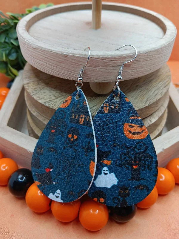 affordable diamond earrings for women -Blue Halloween Patterned Earrings w/ Jack O' Lanterns, Bats, Ghosts, & Skeletons