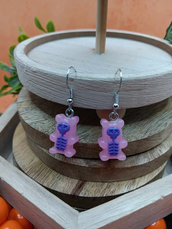 personalized stud earrings for women -Pink & Purple Skeleton Bear Earrings