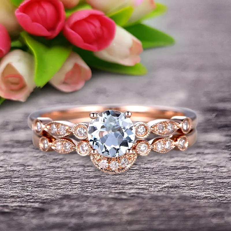 engagement rings with sapphires -1.50 Carat Round Cut Aquamarine Bridal Set Engagement Ring With Matching Band 10k Rose Gold Art Deco Vintage Look