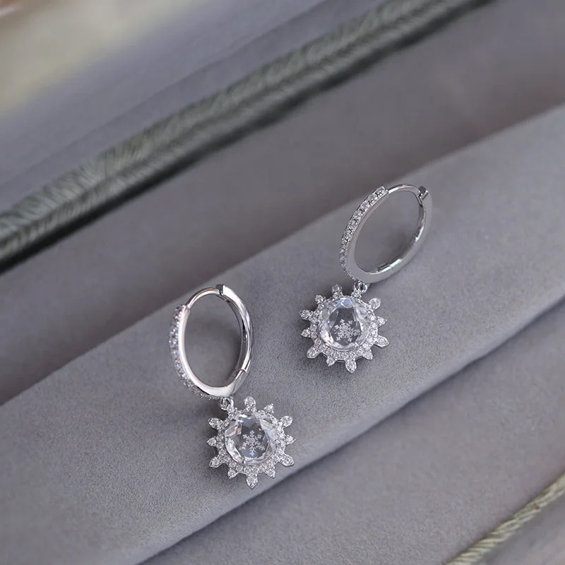 matching earrings for women -Women's Sterling Silver Hoop Earrings With Snowflake Crystal For Women