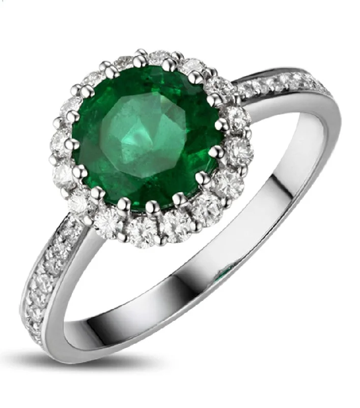 pear cut engagement rings for women -1 Carat Emerald and Moissanite Diamond Halo Engagement Ring in Gold