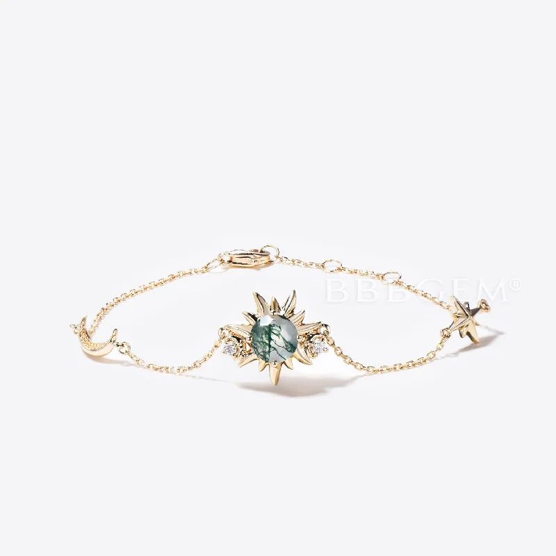 stylish charm bracelets for women -14k Solid Gold Sun Bracelet Natural Green Moss Agate Wedding Bracelet