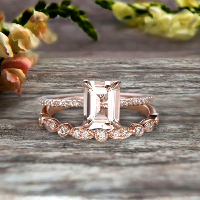 luxury gemstone engagement rings -1.50 Carat Emerald Cut Art Deco Morganite 10k Rose Gold Wedding Set Engagement Ring Anniversar Ring Surprisingly