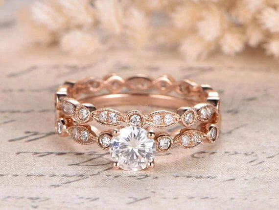 silver diamond engagement rings -Classic Round Cut 1.50 Carat Moissanite Diamond Wedding Engagement Ring Set in 10k Rose Gold