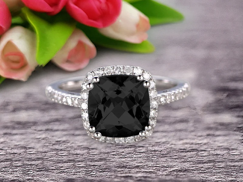 unique engagement rings for women -Cushion Cut 1.50 Carat Black Diamond Moissanite Engagement Ring Anniversary Gift 10k White Gold Halo Design