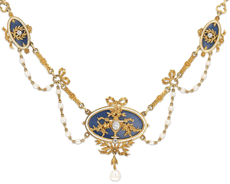 dainty necklaces for women -Art Nouveau Enamel, Diamond and Pearl Necklace