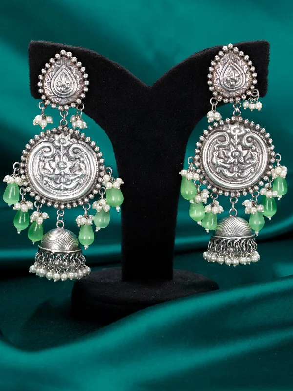 fashion earrings for women -Oxidised floral design earring with light green monalisa beads hangings