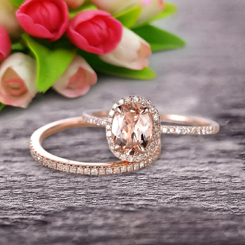 modern engagement rings for women -Bridal Set Oval Cut Gemstone 1.75 Carat  Morganite Engagement Ring Wedding Ring On 10k Rose Gold Anniversary Gift Glaring Staggering Ring