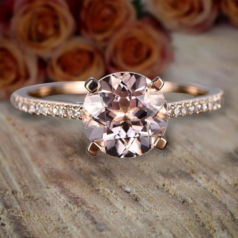 engagement rings with colored diamonds -Limited Time Sale: 1.25 Carat Round Cut Peach Pink Morganite And Diamond Moissanite Engagement Ring in 10k Rose Gold