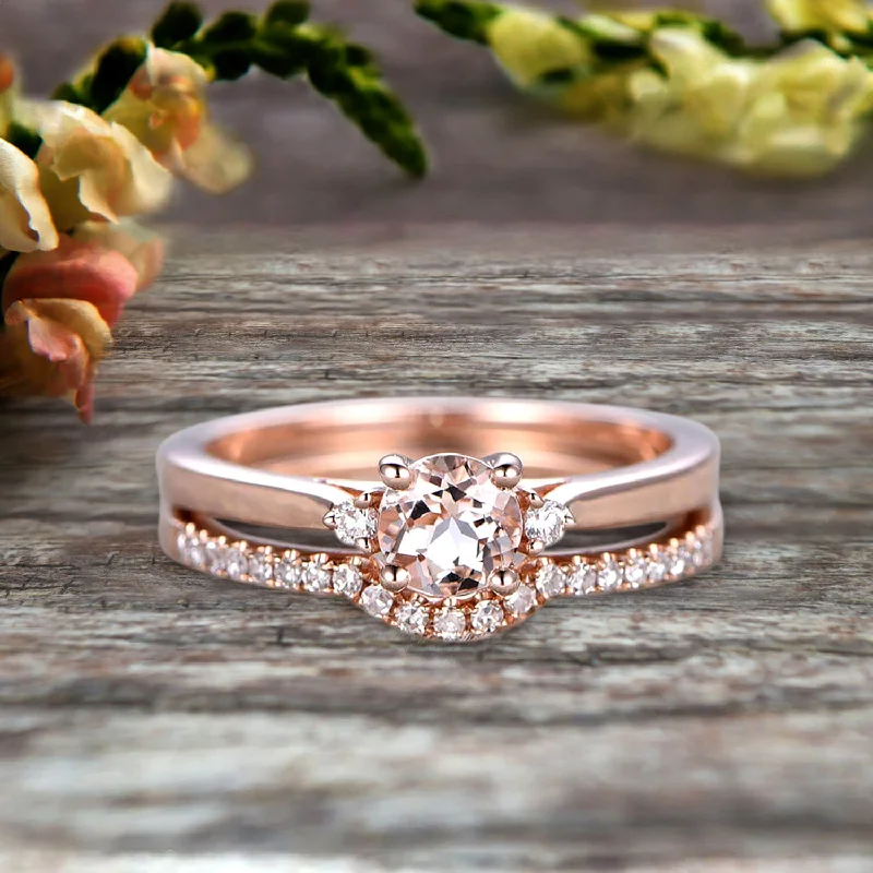 anniversary engagement rings -Startling 1.50 Carat Morganite Round Cut 10k Rose Gold Engagement Ring Anniversary Gift Wedding Set Curved Eternity Ring