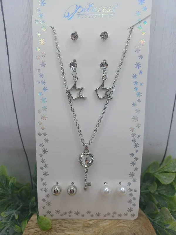 bridal earrings for women -Silver Key Necklace & Earrings Set w/ Princess Crown Earrings