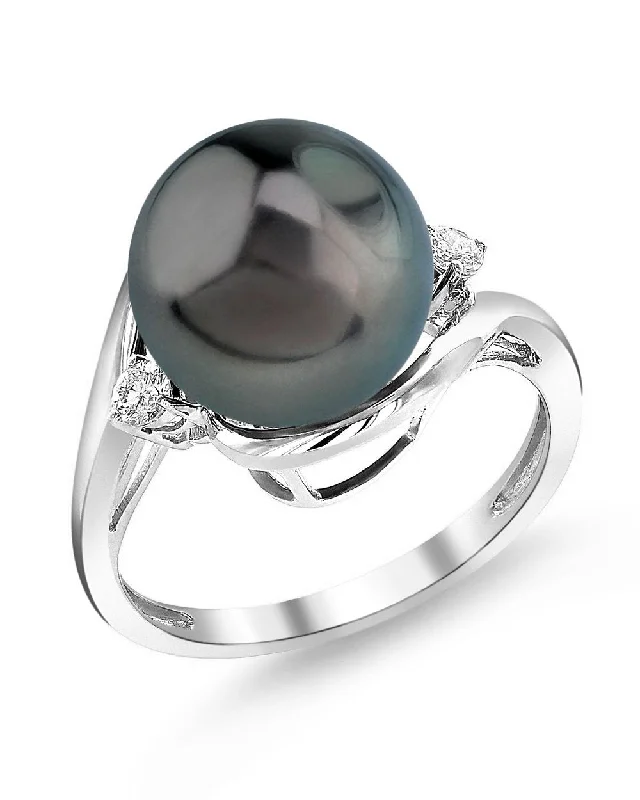 minimalistic rings for women -Black Tahitian Pearl & Diamond Sorbet Cocktail Ring