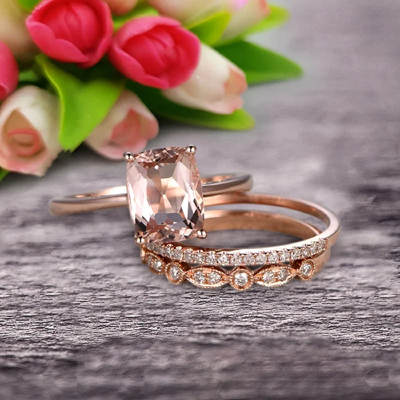 custom gold engagement rings -Trio Set Art Deco 1.50 Carat Cushion Cut Morganite Engagement Ring Wedding Set On 10k Rose Gold Shining Startling Ring Anniversary Gift