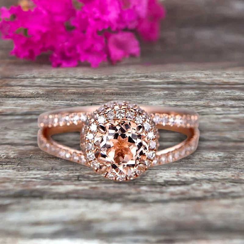 women’s stackable engagement rings -Unique Double Halo Design Round Cut 1.75 Carat Morganite Engagement Ring Promise Ring for Bride Aniversary Ring On 10k Rose Gold Custom Made Glaring Jewelry