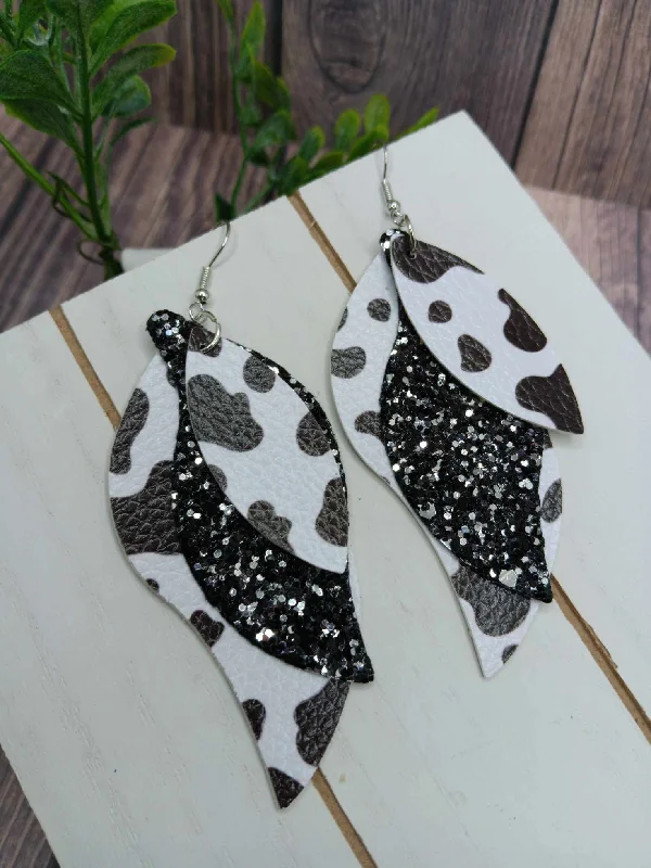 sparkling earrings for women -Triple Layered Cow Print & Glitter Leather Style Earrings