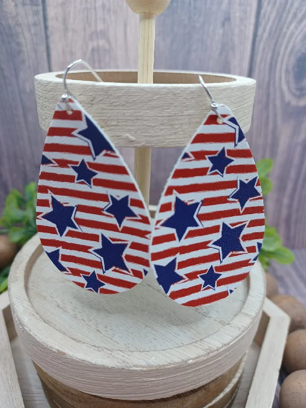 dangle earrings for women -Red, White, & Blue Striped Earrings w/ Stars