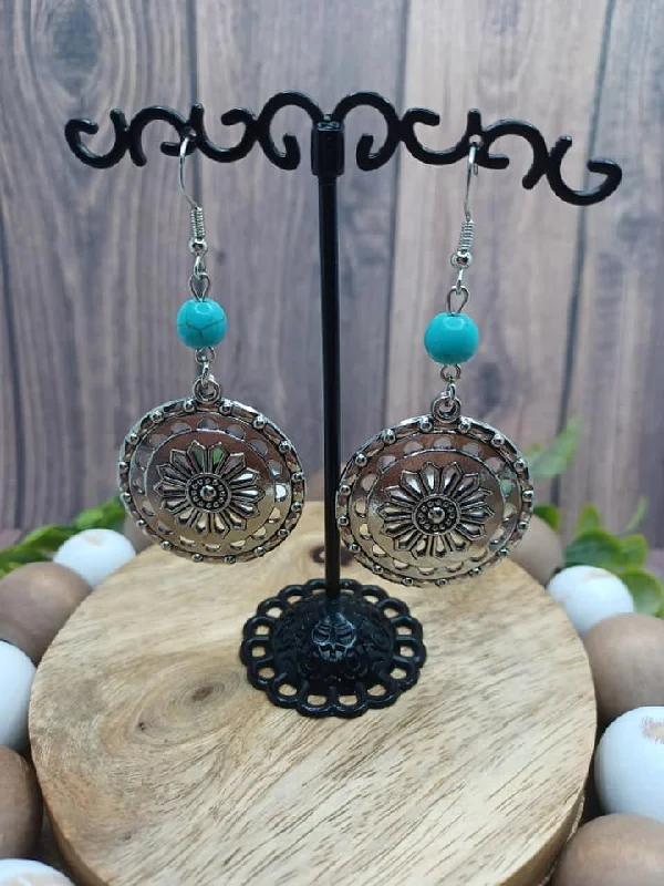 twisted earrings for women -Silver Floral Design Earrings w/ Turquoise Crackle Stone Beading