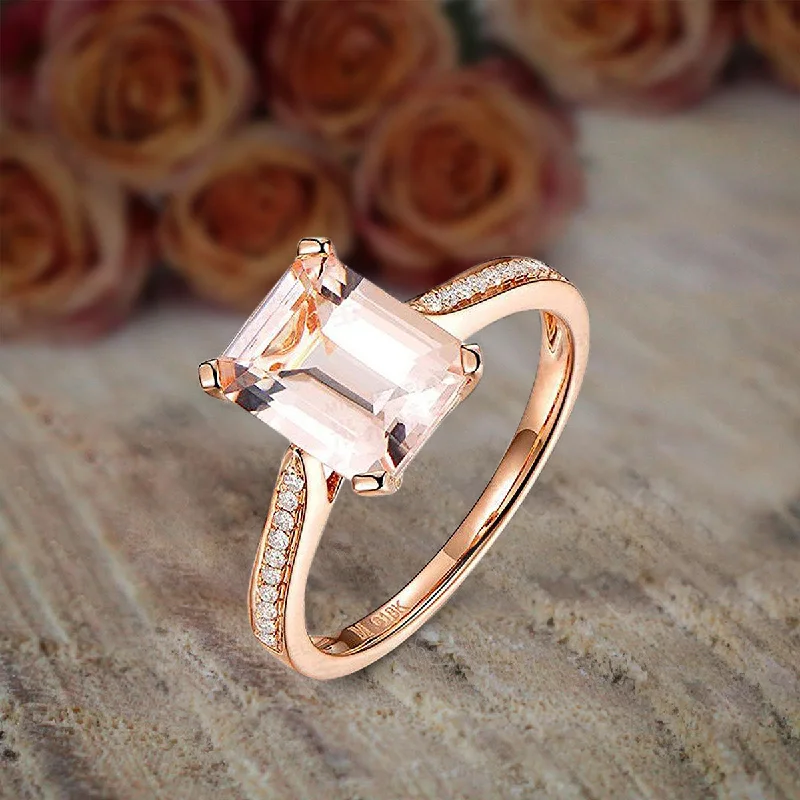 simple diamond engagement rings -1.25 Carat Peach Pink Morganite Emerald Cut And Moissanite Diamond Engagement Ring in 10k Rose Gold