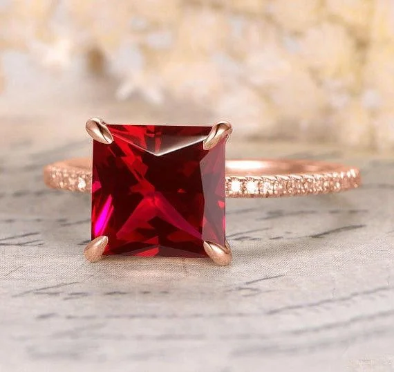 anniversary engagement rings -Antique Design 1.25 Carat Red Ruby and Moissanite Diamond Engagement Ring in 10k Rose Gold for Women