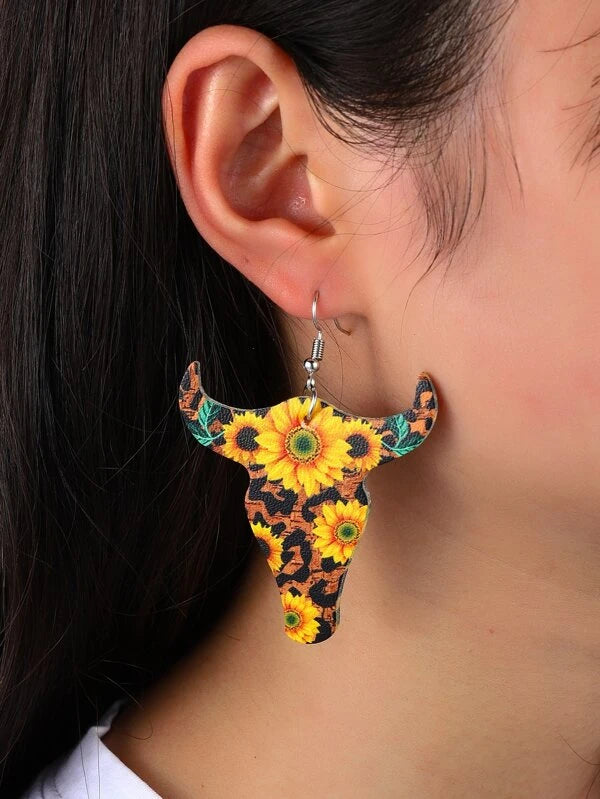 women’s bridal hoop earrings -Skull Shaped Leather Style Earrings w/ Sunflower & Animal Print Design