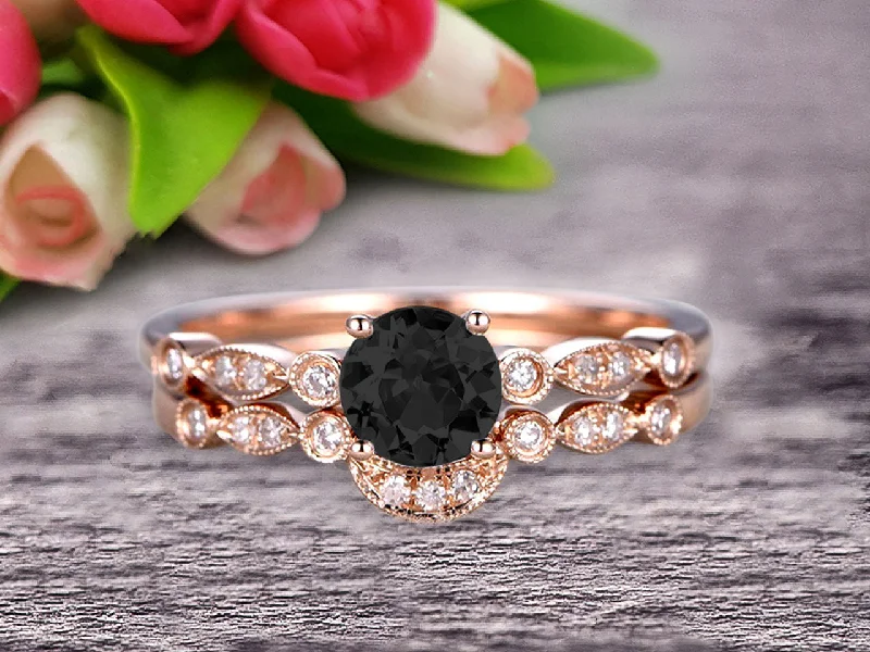 emerald cut engagement rings for women -1.50 Carat Round Cut Black Diamond Moissanite Bridal Set Engagement Ring With Matching Band 10k Rose Gold Art Deco Vintage Look