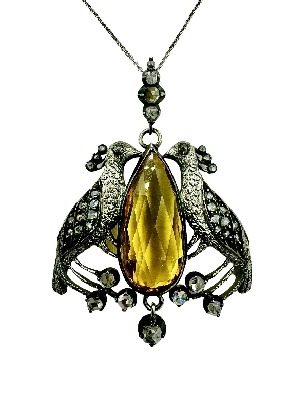 creative design necklaces for women -Victorian Peacock Birds Citrine Diamond Pendant Necklace Circa 1890s