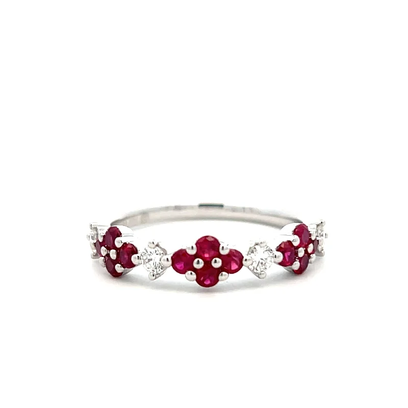 promise rings for women -14K White Gold 0.70ctw Ruby & Diamond Floral Ring