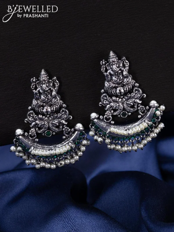 sparkling drop earrings for women -Oxidised Earrings ganesha design with emerald stones and pearl hangings