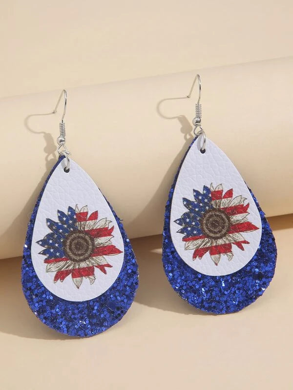 glamorous earrings for women -Blue Glitter & USA Sunflower Flag Leather Style Earrings