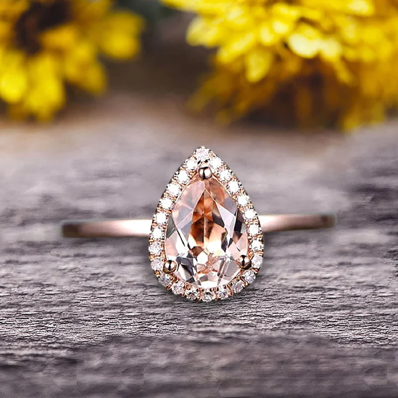 bespoke engagement rings -1.25 Carat Pear Shape Gemstone Pink Morganite Engagement Ring Handmade Solid 10k Rose Gold Promise Ring Anniversary Ring Halo Surprisingly Ring