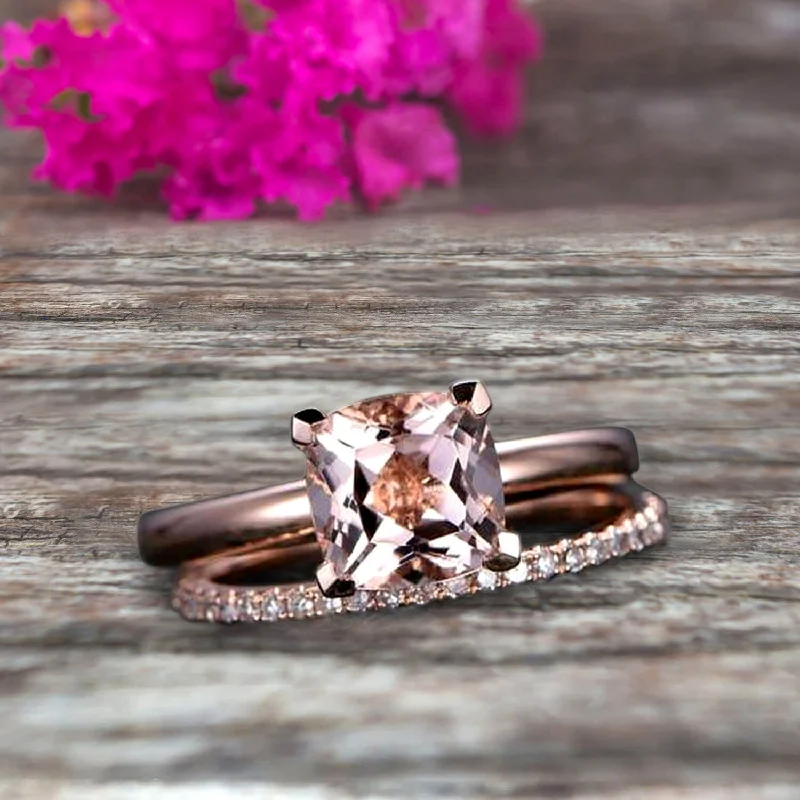 large solitaire engagement rings -Shining Bridal Set Cushion Cut Gemstone 1.25 Carat Morganite Engagement Ring Set Handmade Solid 10k Rose Gold Art Deco