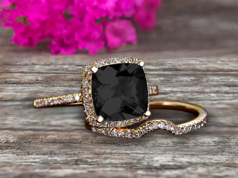 vintage engagement rings for women -1.75 Carat Cushion Cut Black Diamond Moissanite Engagement Ring Anniversary Gift With Matching Band On 10k Rose Gold Halo Design