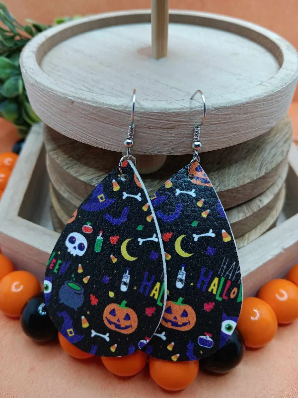 high-end earrings for women -Halloween Patterned Earrings w/ Skull, Cauldron, Bones, & Jack O' Lantern