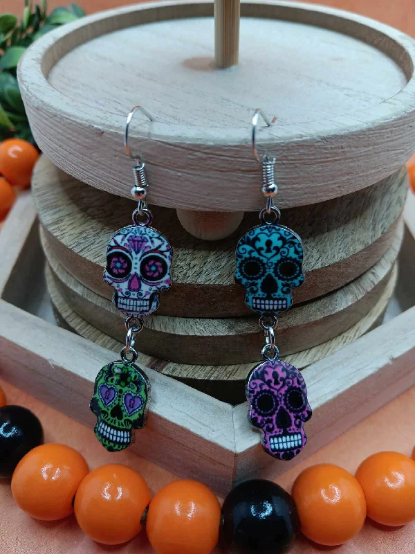 silver hoop earrings for women -White, Green, Teal, & Purple Day of the Dead Skeleton Earrings