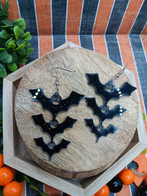 silver stud earrings for women -Black Glitter Acrylic Bat Earrings