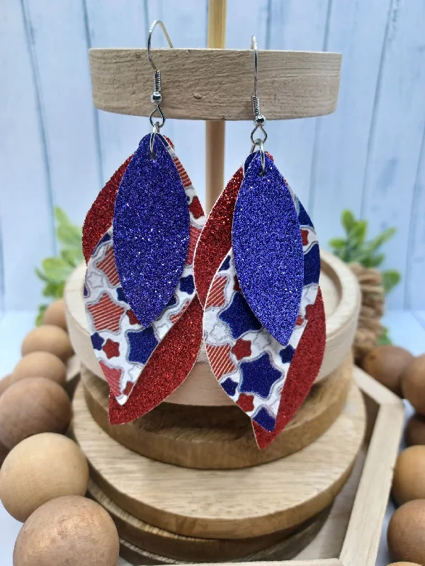 matching earrings for brides -Triple Layered Red, White, & Blue Themed Earrings